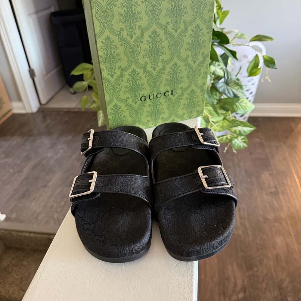 Gucci Black Double Buckle Monogram Slide Sandals